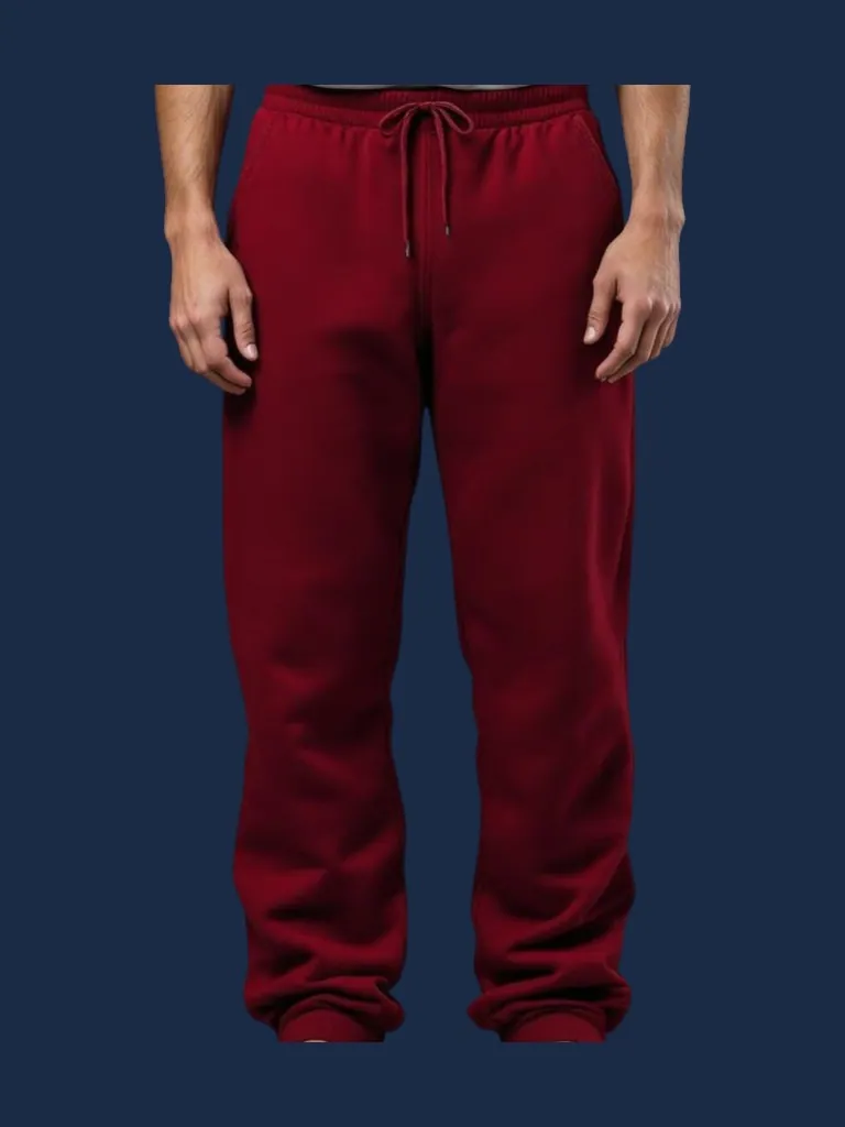 Open-hem sweatpant manufacturer Karachi Pakistan showing burgundy relaxed straight-leg sweatpant with open hem and elastic waistband, brushed cotton fleece, front view