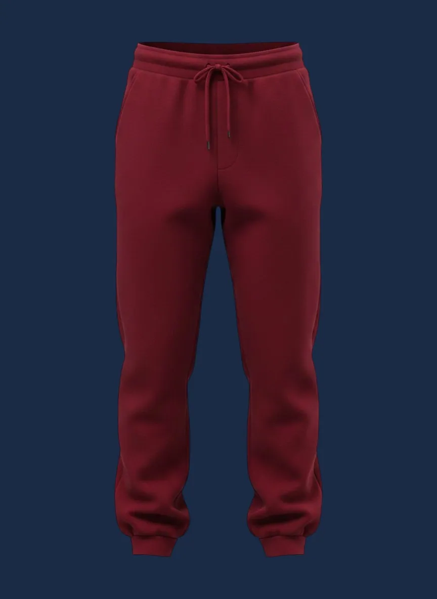 Open-hem sweatpant manufacturer Karachi Pakistan showing burgundy relaxed straight-leg sweatpant with open hem and elastic waistband, brushed cotton fleece, front view