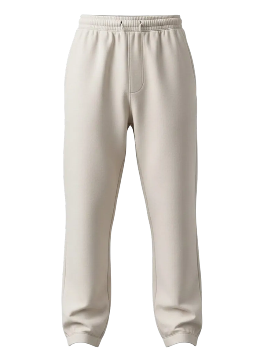 Trouser manufacturer Karachi Pakistan showing cream lounge pant with relaxed straight leg, open hem, and natural drawcord waistband, lightweight French terry, front view