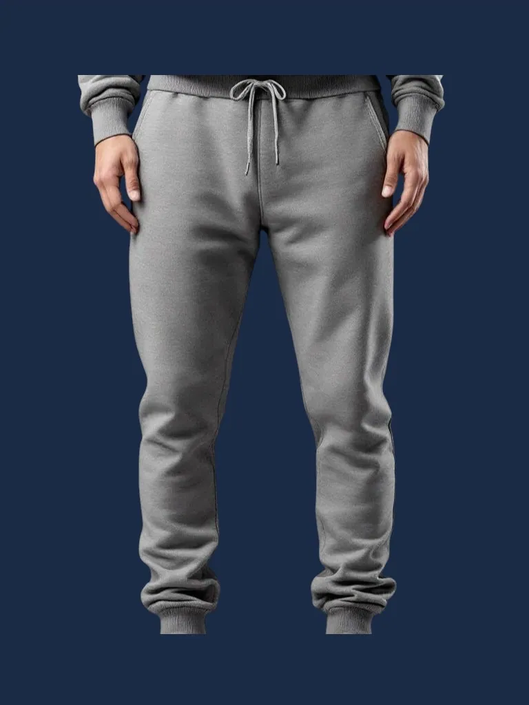 Classic jogger manufacturer Karachi Pakistan showing heather grey tapered jogger with ribbed cuff at ankle and drawstring waistband, mid-weight French terry, front view