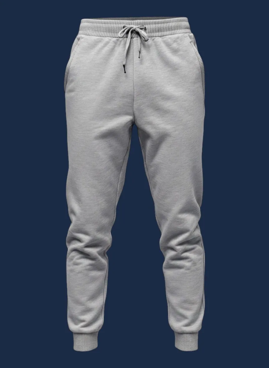 Classic jogger manufacturer Karachi Pakistan showing heather grey tapered jogger with ribbed cuff at ankle and drawstring waistband, mid-weight French terry, front view