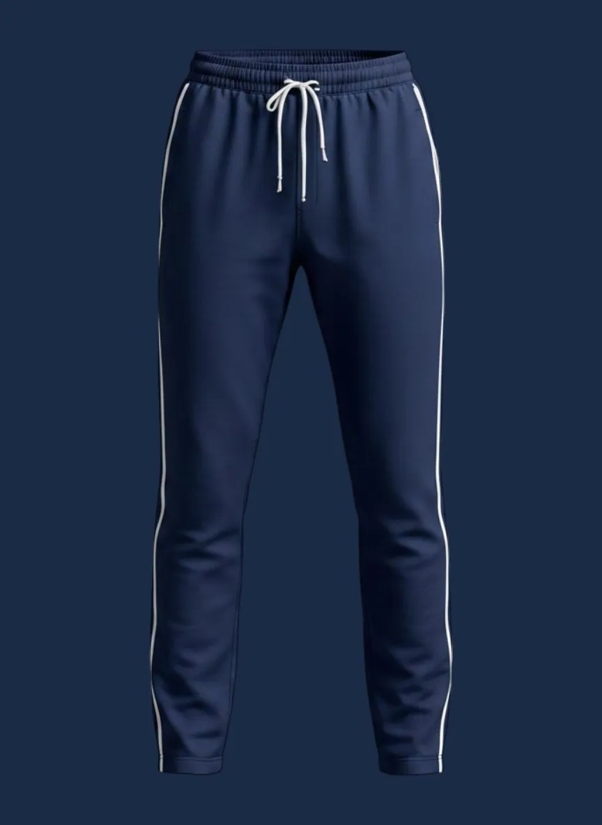 Track pant manufacturer Karachi Pakistan showing navy slim straight-leg track pant with side seam tape and elasticated waistband, performance polyester knit, front view