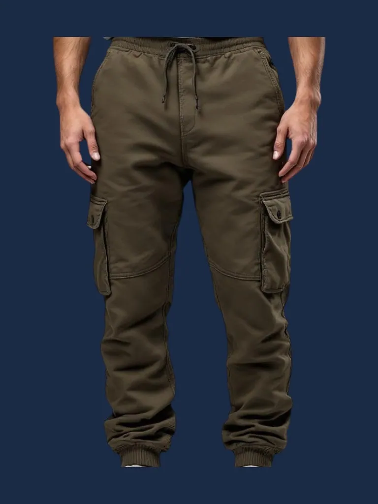 Cargo jogger manufacturer Karachi Pakistan showing olive tapered cargo jogger with side cargo pockets, ribbed cuff, and drawstring waistband, cotton-poly fleece, front view
