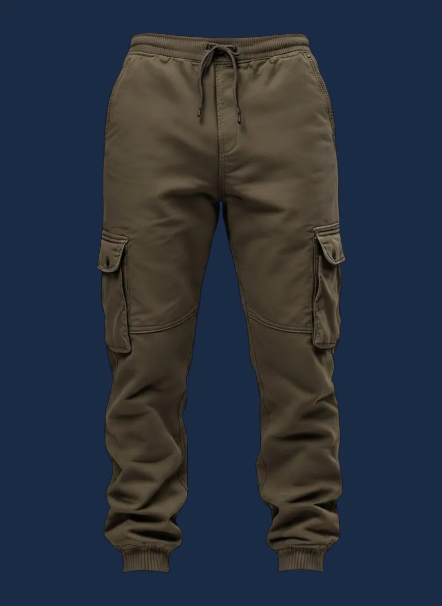Cargo jogger manufacturer Karachi Pakistan showing olive tapered cargo jogger with side cargo pockets, ribbed cuff, and drawstring waistband, cotton-poly fleece, front view