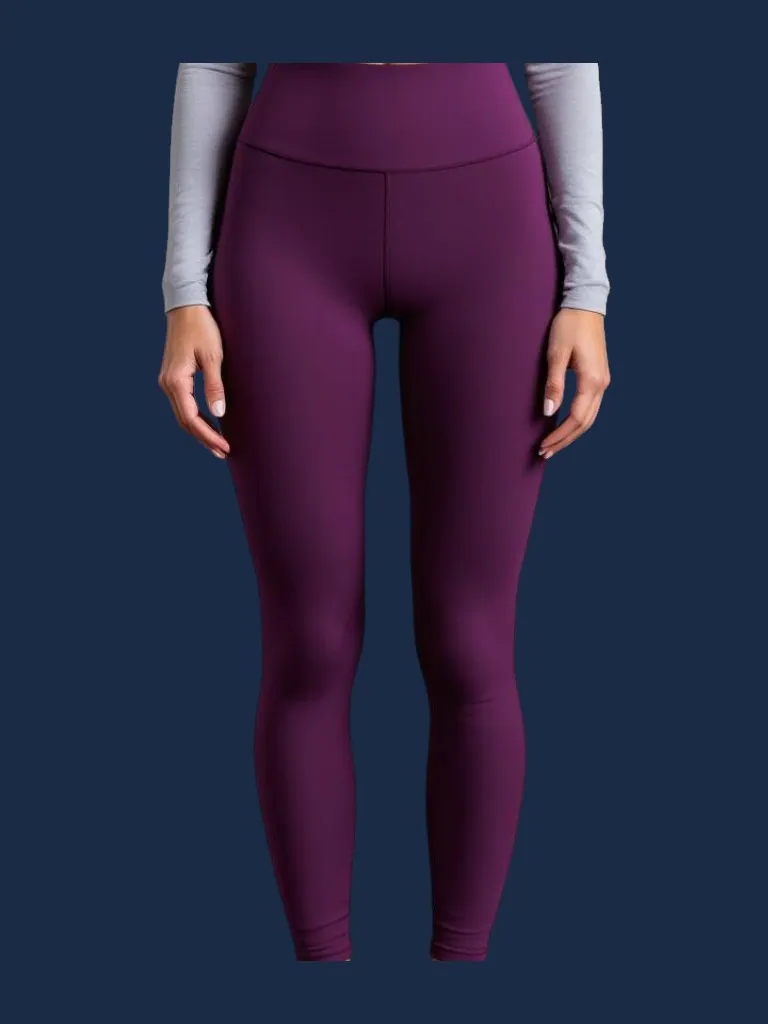 High-waisted legging manufacturer Karachi Pakistan showing plum full-length women's legging with wide flatlock-seamed compression construction and high-rise wide elastic waistband, performance polyester-spandex knit, front view