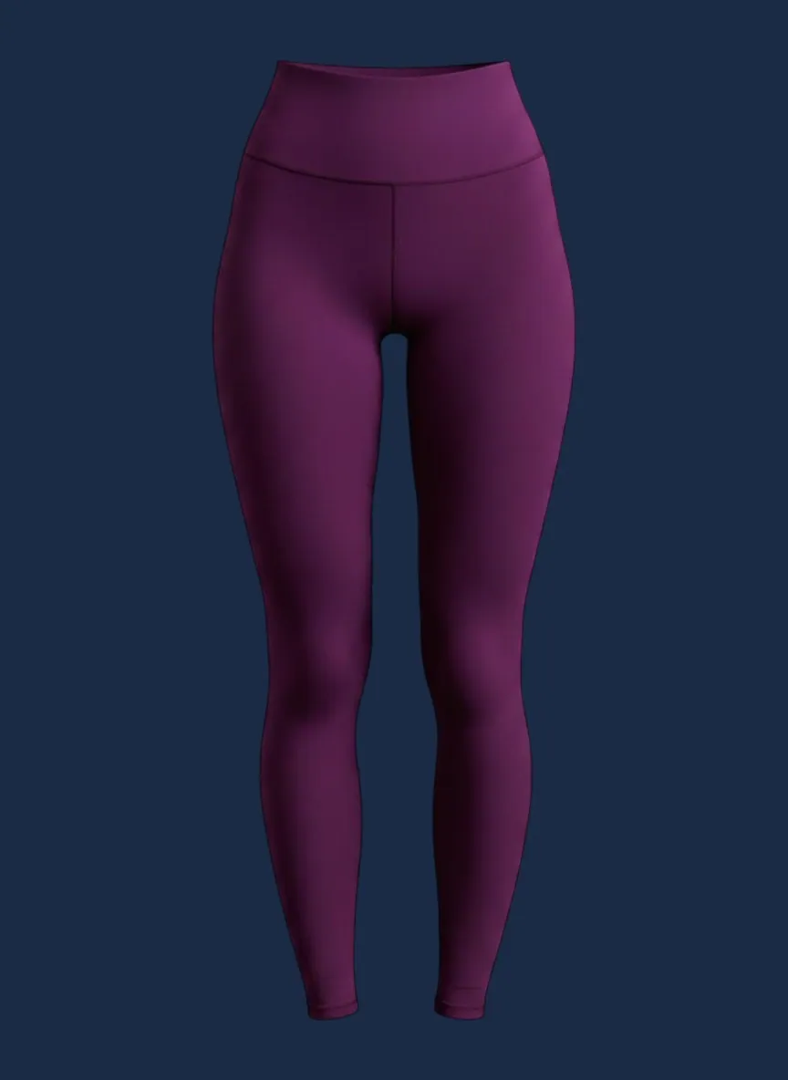 High-waisted legging manufacturer Karachi Pakistan showing plum full-length women's legging with wide flatlock-seamed compression construction and high-rise wide elastic waistband, performance polyester-spandex knit, front view
