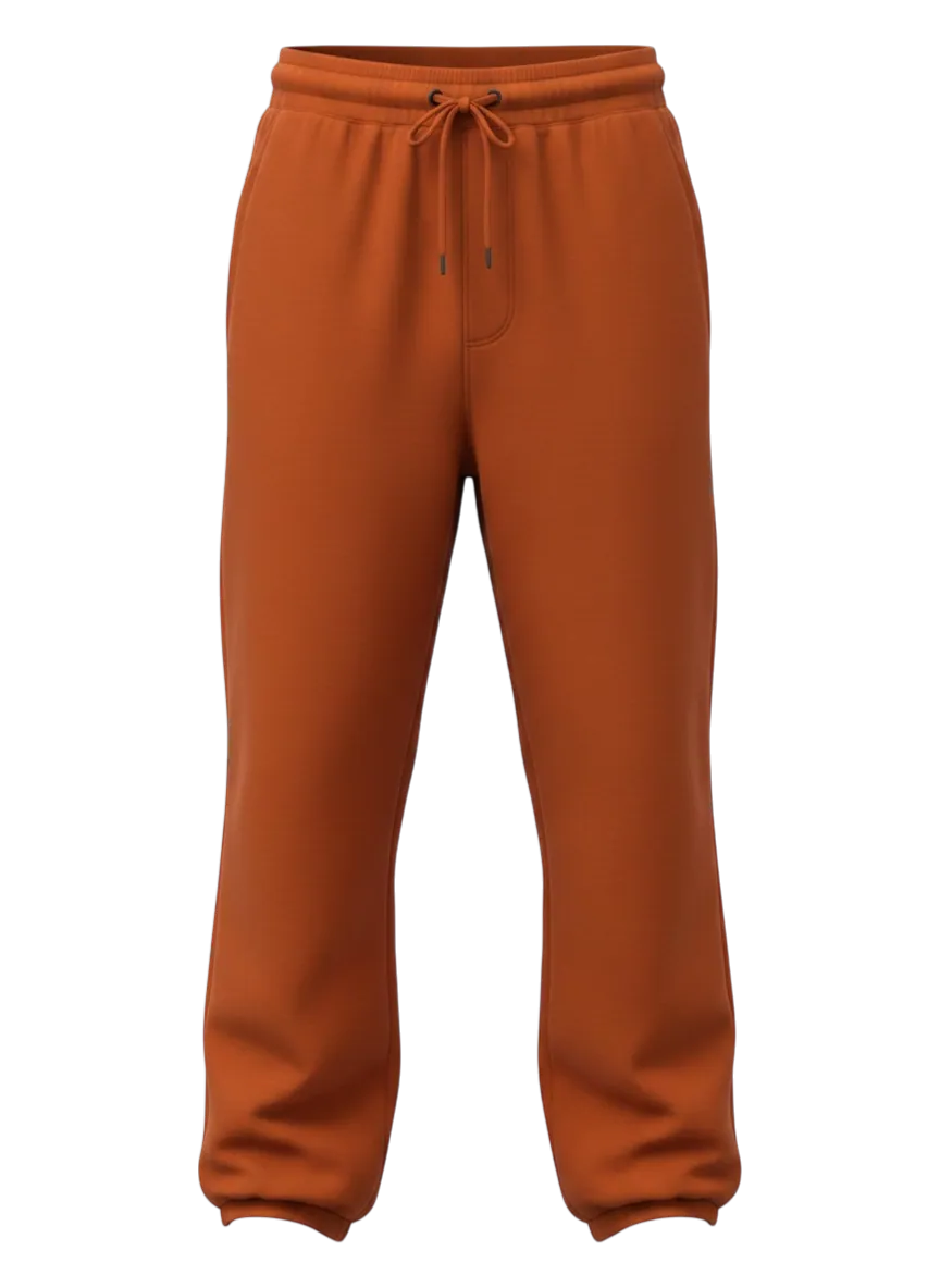 Trouser manufacturer Karachi Pakistan showing rust terracotta heavyweight sweatpant with relaxed wide leg, open hem, and extra-long flat drawcord waistband, premium brushed cotton fleece, front view