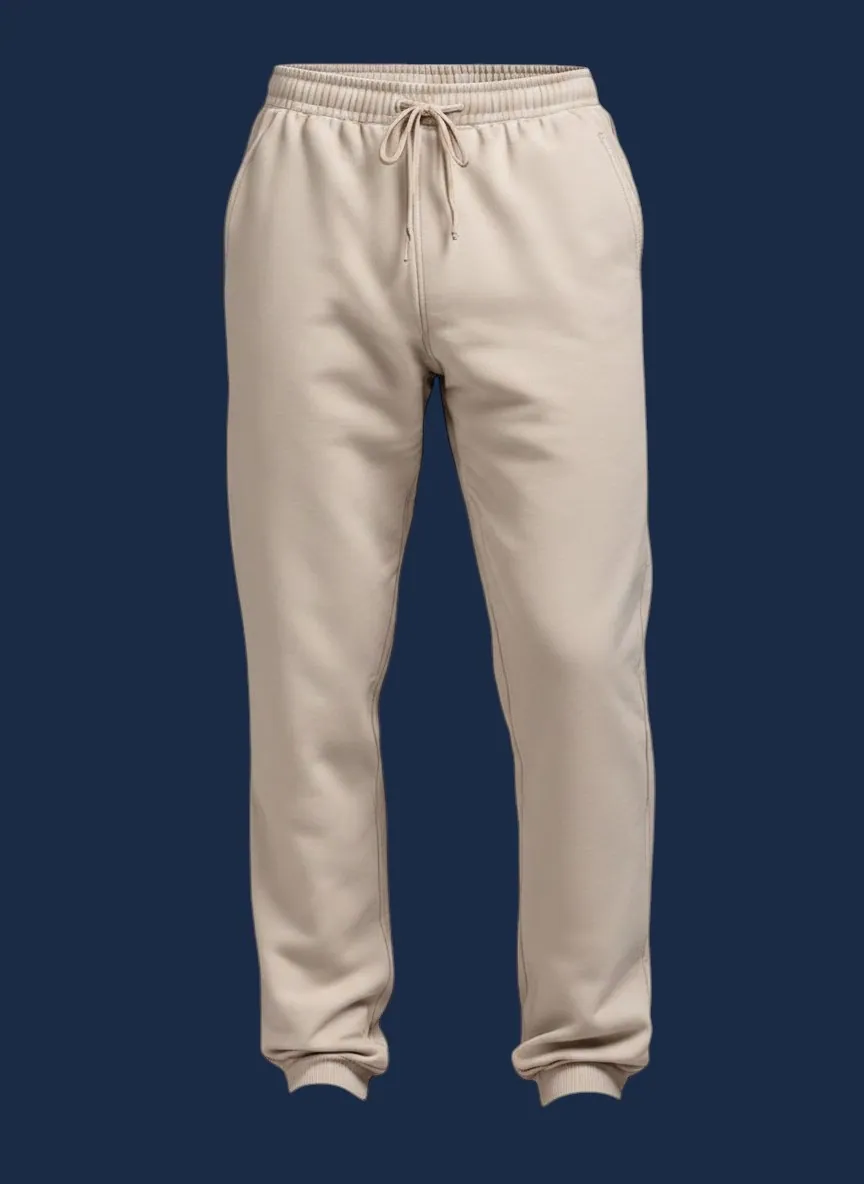 Lounge pant manufacturer Karachi Pakistan showing sand relaxed straight-leg lounge pant with open hem, deep side pockets, and natural drawcord waistband, lightweight French terry, front view