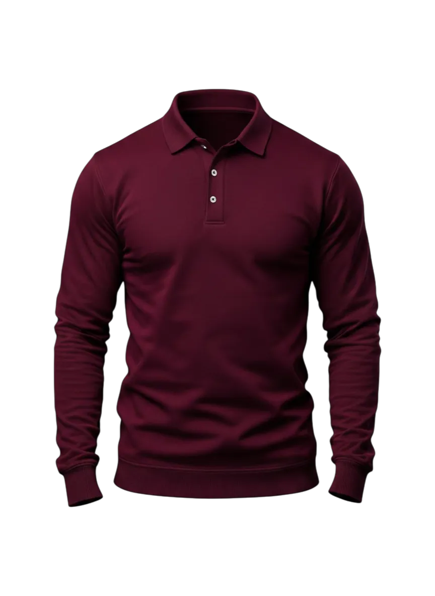 Polo shirt manufacturer Karachi Pakistan showing burgundy long sleeve polo with ribbed collar and ribbed cuffs, front view