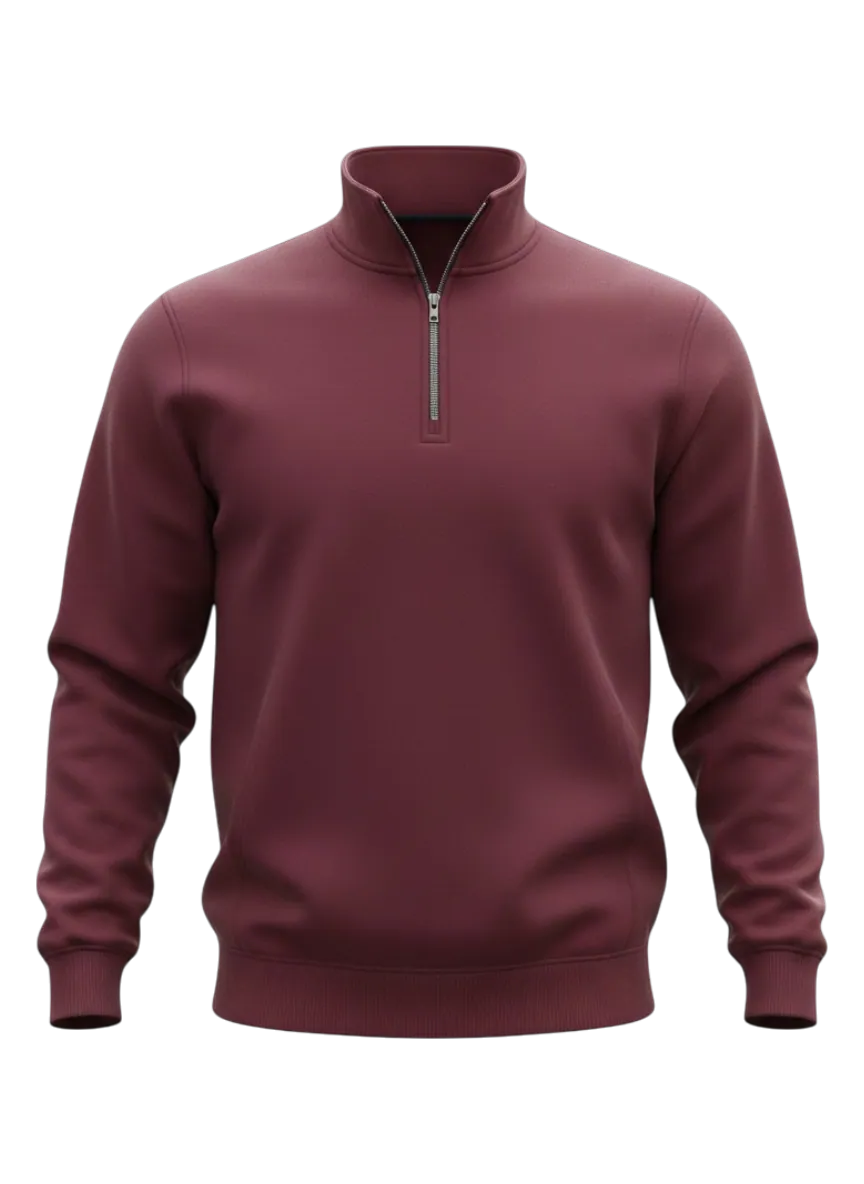 Sweatshirt manufacturer Karachi Pakistan showing burgundy quarter-zip sweatshirt with stand collar and metal zipper, front view