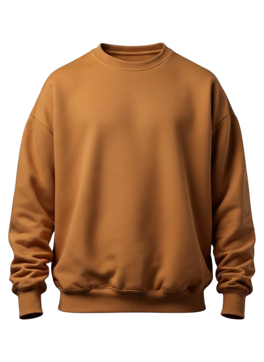 Sweatshirt manufacturer Karachi Pakistan showing camel oversized crewneck sweatshirt with dropped shoulders and relaxed fit, front view
