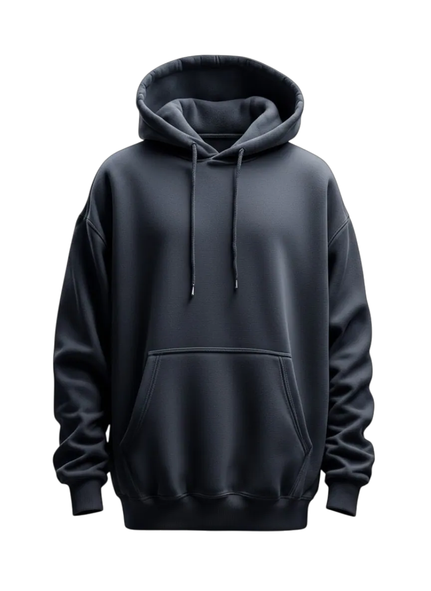 Hoodie manufacturer Karachi Pakistan showing charcoal oversized pullover hoodie with kangaroo pocket and ribbed cuffs, front view