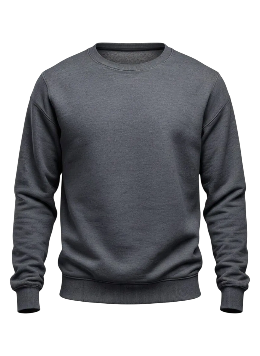 Sweatshirt manufacturer Karachi Pakistan showing heather grey classic crewneck sweatshirt with ribbed neckline and ribbed cuffs, front view