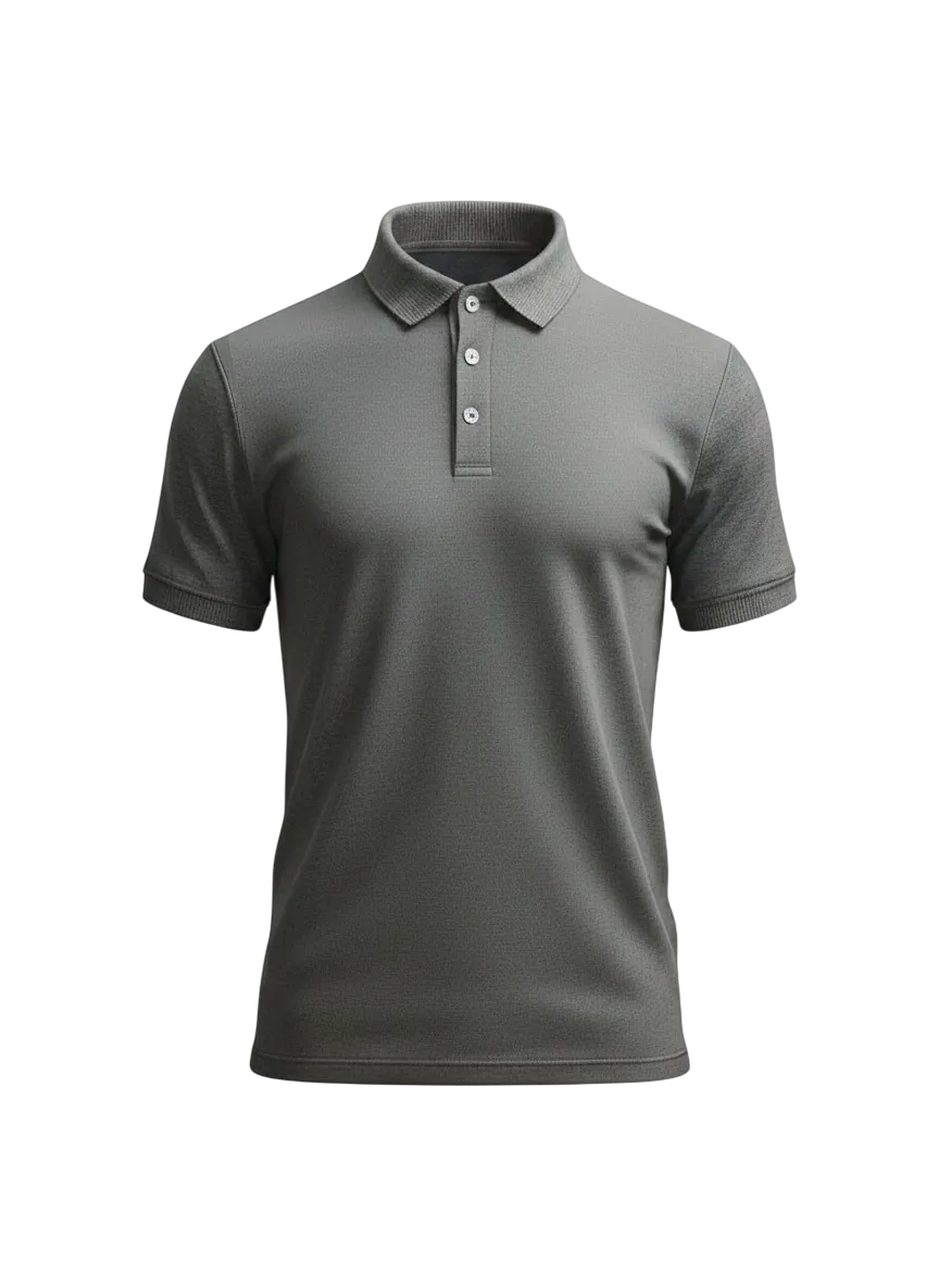 Polo shirt manufacturer Karachi Pakistan showing heather grey classic piqué polo with ribbed collar and two-button placket, short sleeve, front view