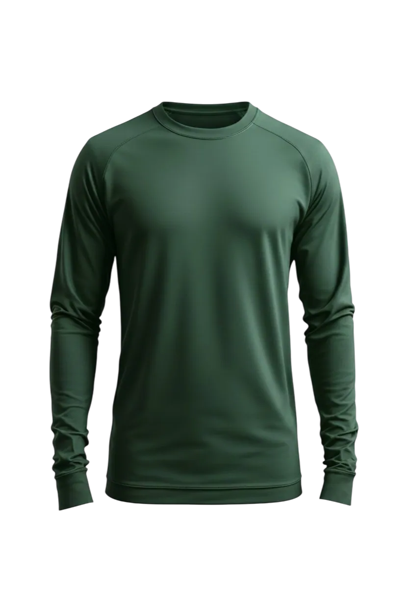 Forest green long-sleeve athletic T-shirt manufactured by Apex Corporation t-shirt factory in Karachi Pakistan, front view