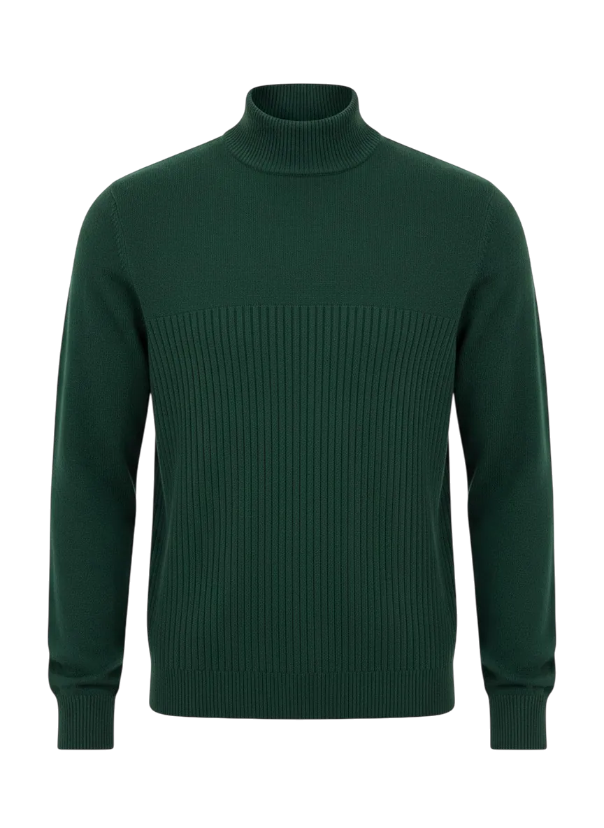 Forest green mock-neck pullover sweatshirt manufactured by Apex Corporation knitwear factory in Karachi Pakistan, ghost mannequin product photography