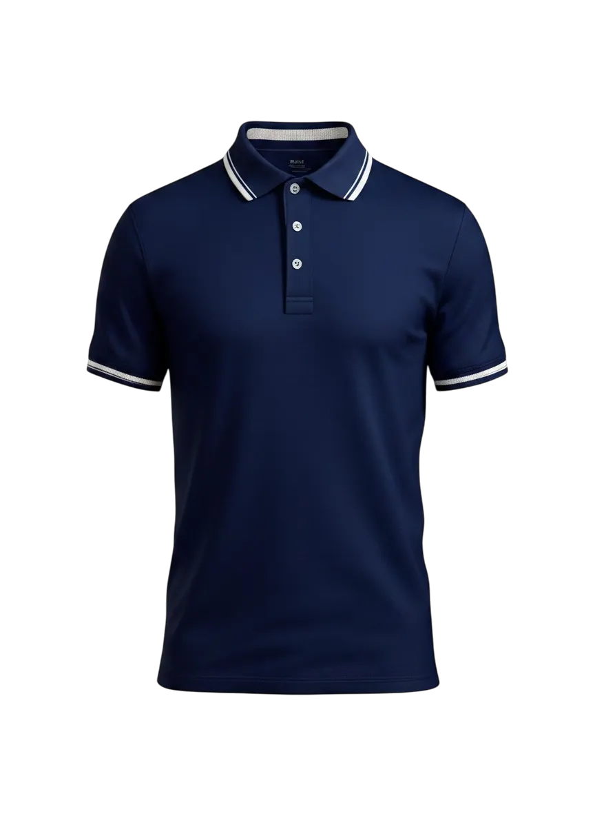 Polo shirt manufacturer Karachi Pakistan showing navy polo with cream contrast tipping on collar and sleeve cuffs, premium heritage style, front view