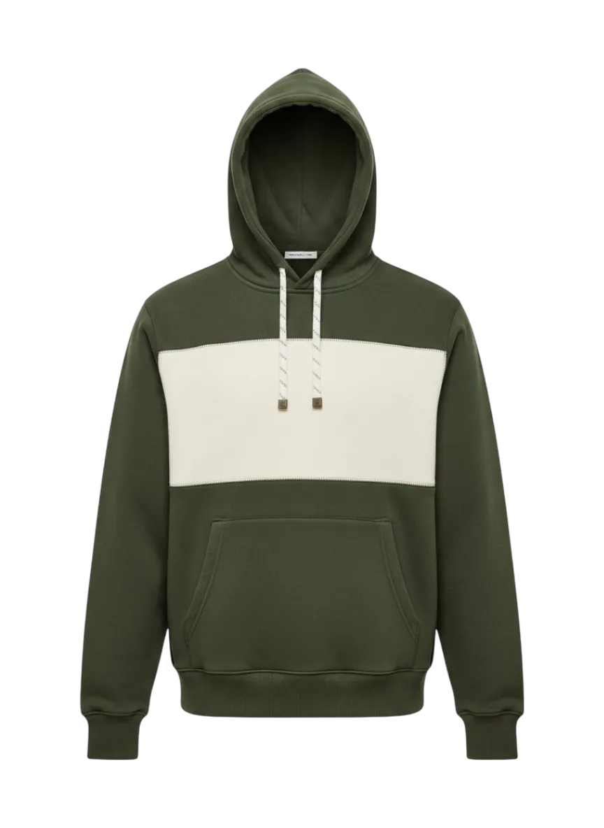 Olive green pullover hoodie with cream chest panel manufactured by Apex Corporation knitwear factory in Karachi Pakistan, ghost mannequin product photography