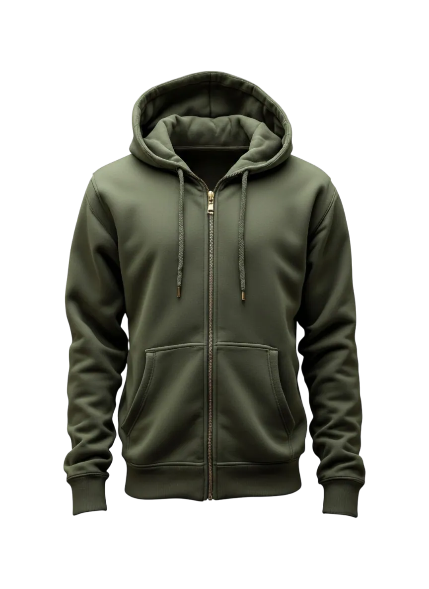 Hoodie manufacturer Karachi Pakistan showing sage olive full-zip hoodie with metal zipper and side pockets, front view
