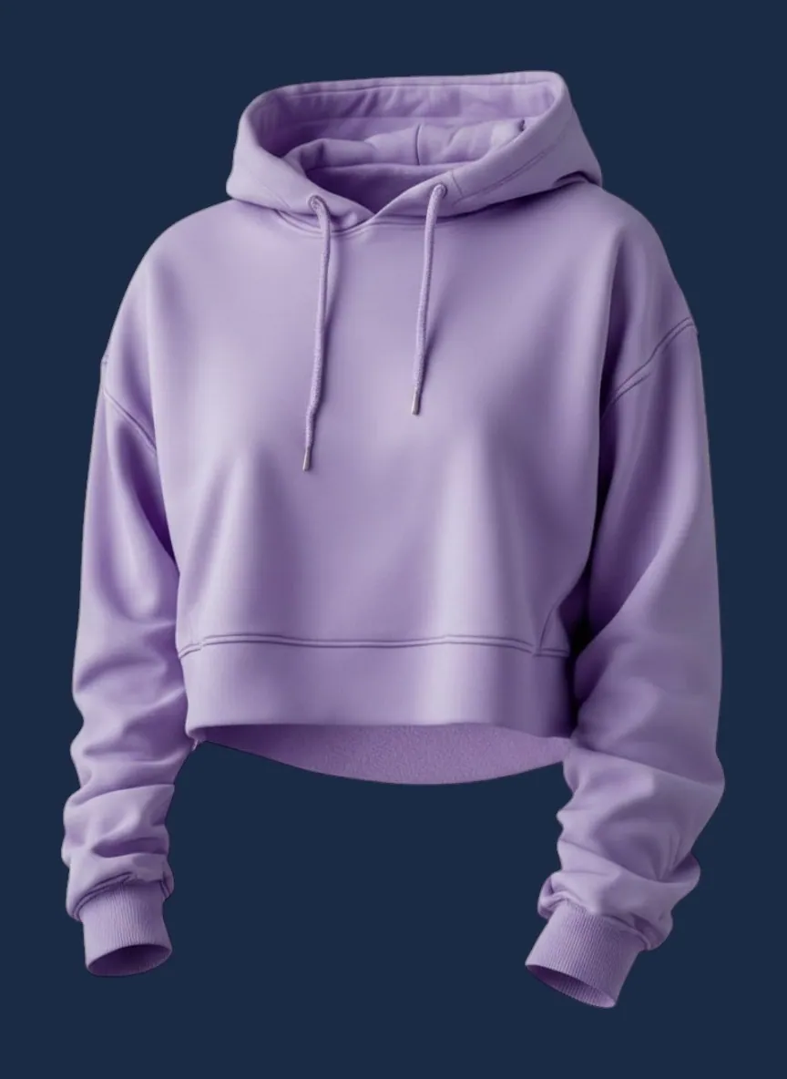 Lilac cropped pullover hoodie manufactured by Apex Corporation in Karachi Pakistan, modeled front view