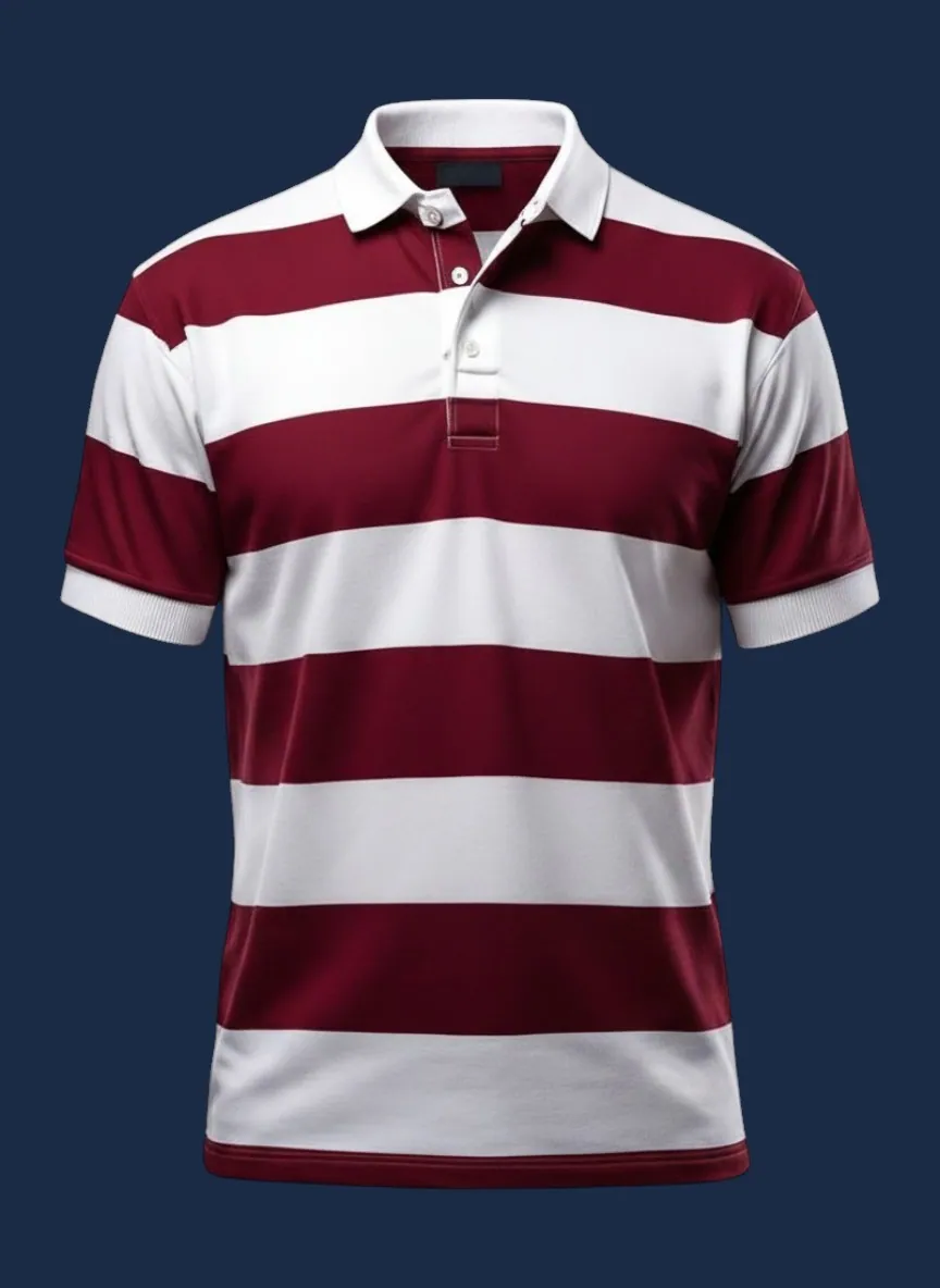 Rugby polo shirt manufacturer Karachi Pakistan showing maroon and white horizontal stripe rugby polo with white contrast collar and placket, front view