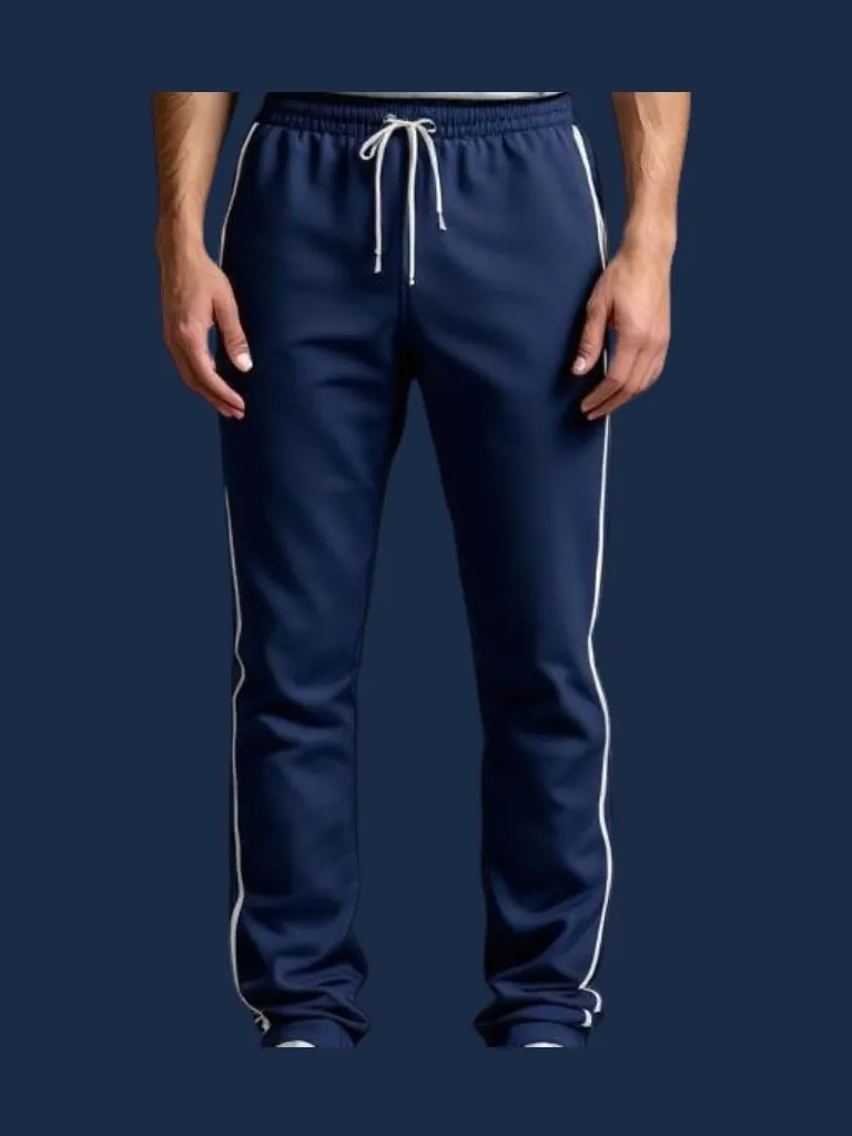 Track pant manufacturer Karachi Pakistan showing navy slim straight-leg track pant with side seam tape and elasticated waistband, performance polyester knit, front view