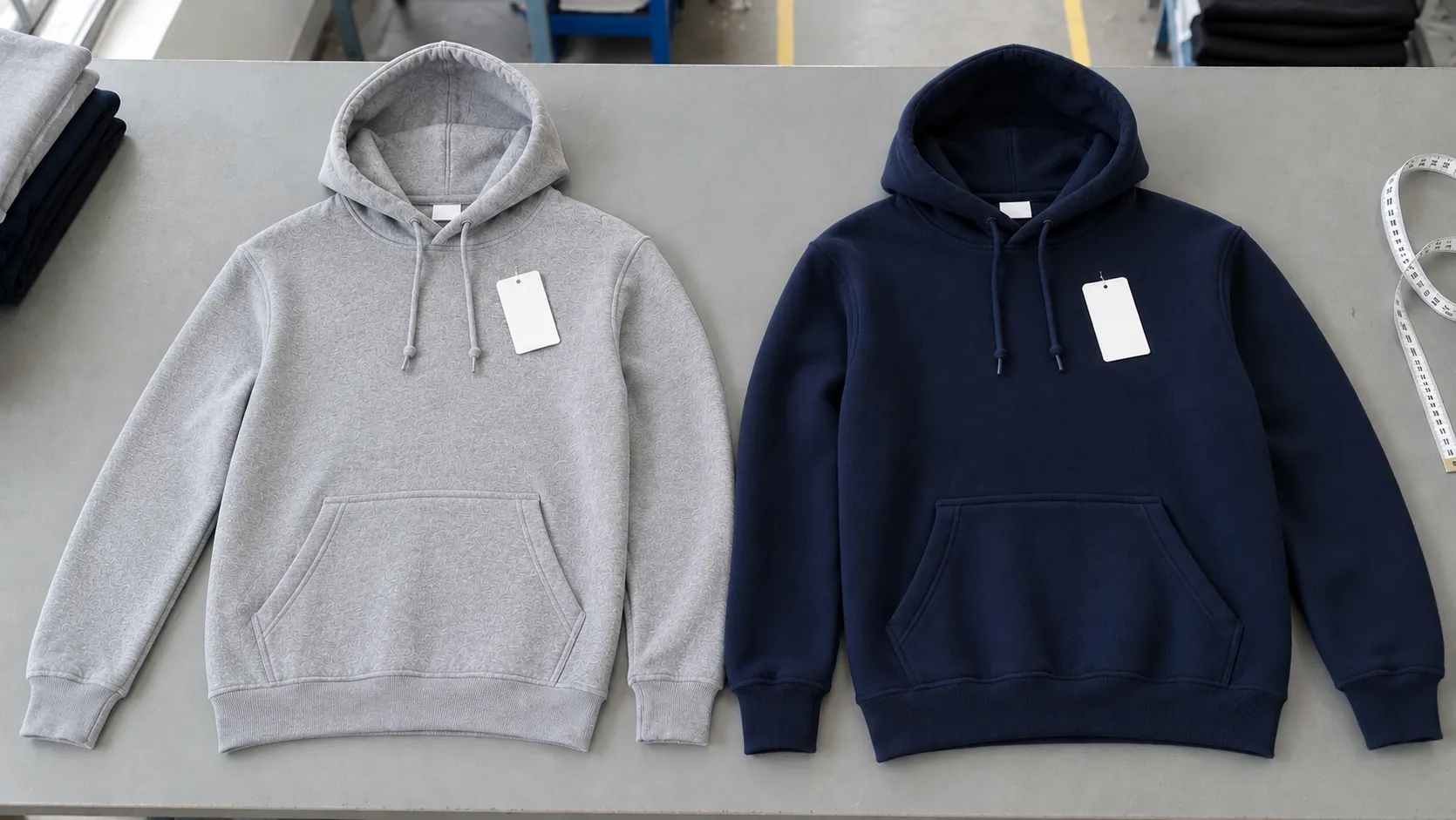 Heather grey fit sample hoodie beside a navy production sample hoodie laid flat for comparison at Apex Corporation, Karachi