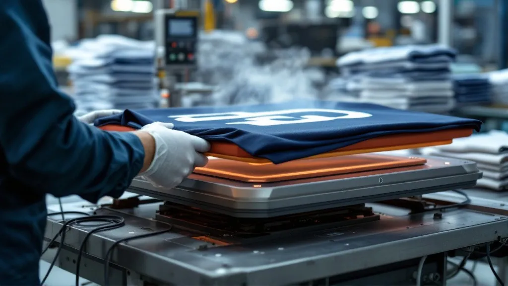 Heat transfer printing being applied to a navy polyester garment at Apex Corporation's Karachi facility