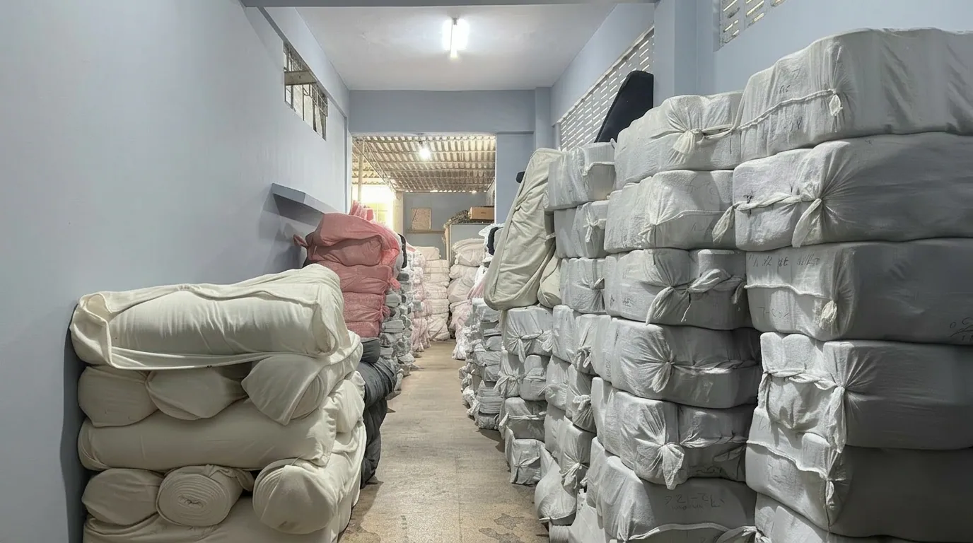 Stacked rolls of knitted fabric in storage at Apex Corporation's Karachi knitwear factory.