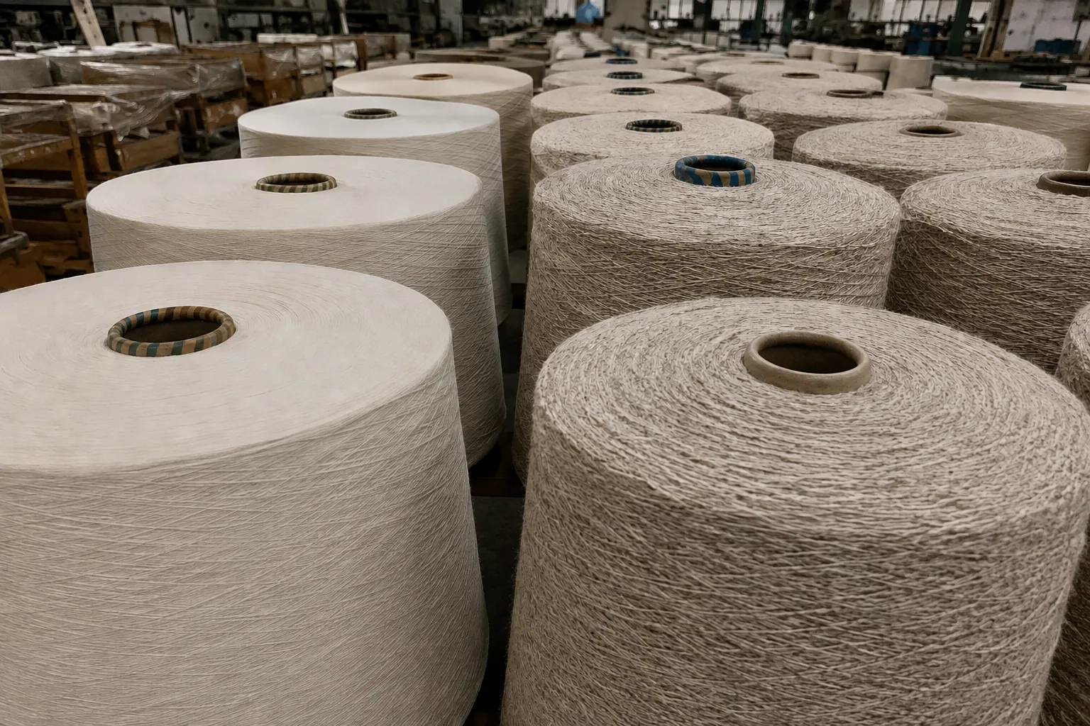 Cones of combed and carded poly-cotton yarn stacked at Apex Corporation's Karachi knitting facility.